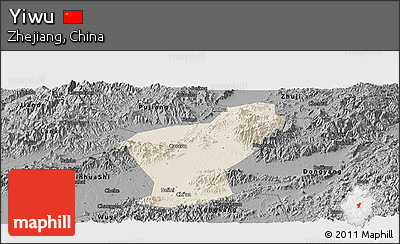 Shaded Relief Panoramic Map of Yiwu, darken, desaturated