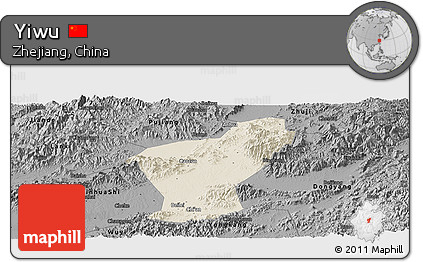 Shaded Relief Panoramic Map of Yiwu, darken, desaturated