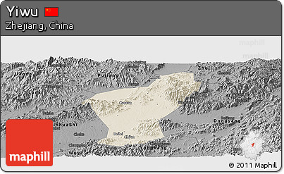 Shaded Relief Panoramic Map of Yiwu, darken, desaturated