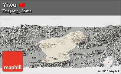 Shaded Relief Panoramic Map of Yiwu, darken, semi-desaturated