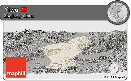 Shaded Relief Panoramic Map of Yiwu, darken, semi-desaturated