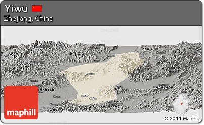 Shaded Relief Panoramic Map of Yiwu, darken, semi-desaturated