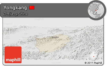 Shaded Relief Panoramic Map of Yongkang, lighten, semi-desaturated