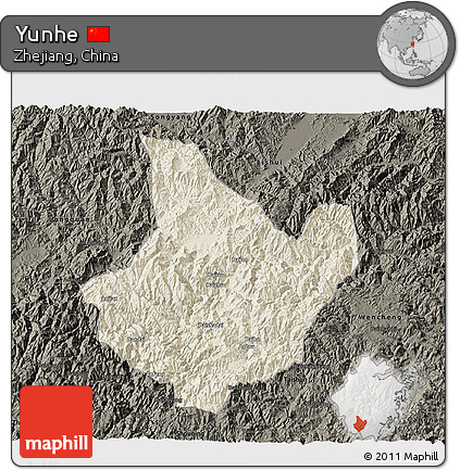 Shaded Relief 3D Map of Yunhe, darken
