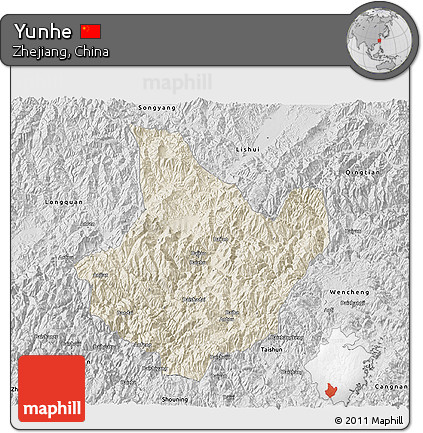 Shaded Relief 3D Map of Yunhe, desaturated