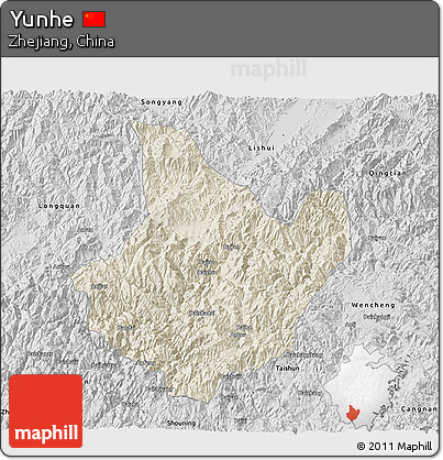 Shaded Relief 3D Map of Yunhe, desaturated