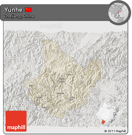 Shaded Relief 3D Map of Yunhe, lighten, semi-desaturated