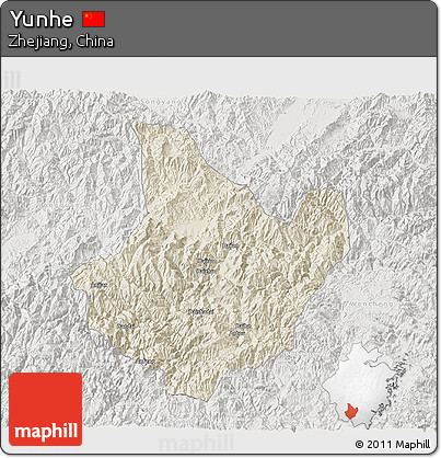 Shaded Relief 3D Map of Yunhe, lighten, semi-desaturated