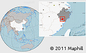 Gray Location Map of Yunhe, highlighted country, highlighted parent region, hill shading