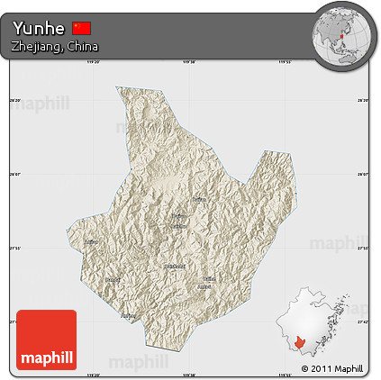 Shaded Relief Map of Yunhe, single color outside