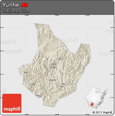 Shaded Relief Map of Yunhe, single color outside