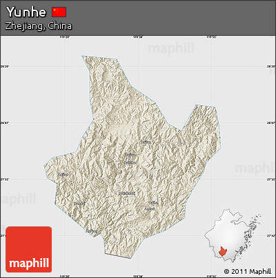 Shaded Relief Map of Yunhe, single color outside
