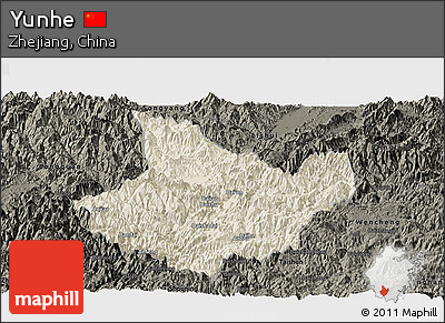 Shaded Relief Panoramic Map of Yunhe, darken