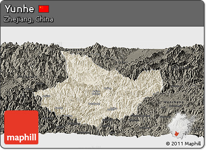 Shaded Relief Panoramic Map of Yunhe, darken