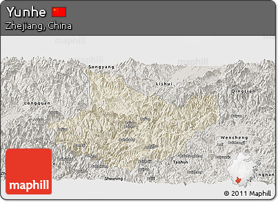 Shaded Relief Panoramic Map of Yunhe, semi-desaturated