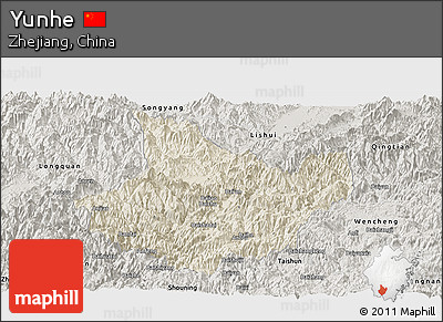 Shaded Relief Panoramic Map of Yunhe, semi-desaturated