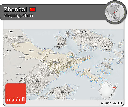 Shaded Relief 3D Map of Zhenhai, semi-desaturated