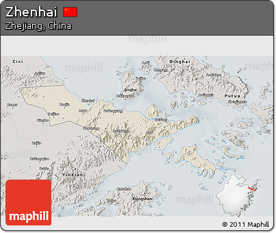 Shaded Relief 3D Map of Zhenhai, semi-desaturated