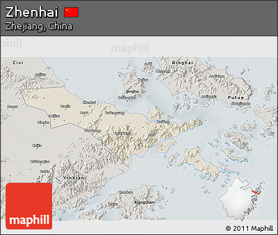 Shaded Relief 3D Map of Zhenhai, semi-desaturated