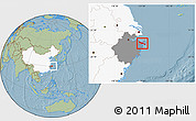 Savanna Style Location Map of Zhenhai, highlighted country, highlighted parent region, hill shading