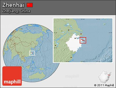 Savanna Style Location Map of Zhenhai, highlighted parent region, hill shading