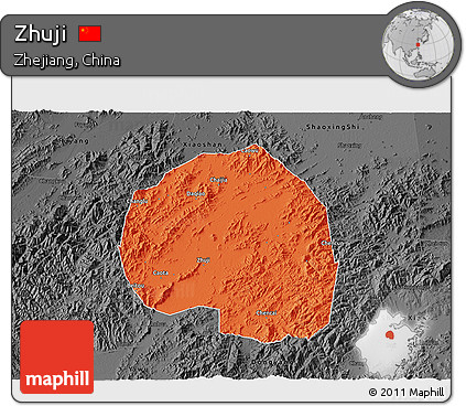 Political 3D Map of Zhuji, darken, desaturated