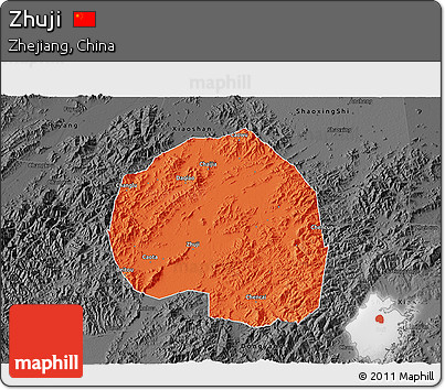 Political 3D Map of Zhuji, darken, desaturated