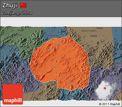 Political 3D Map of Zhuji, darken, semi-desaturated