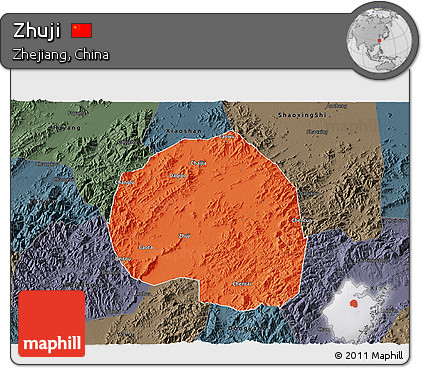 Political 3D Map of Zhuji, darken, semi-desaturated