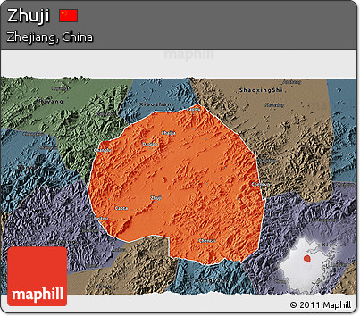 Political 3D Map of Zhuji, darken, semi-desaturated