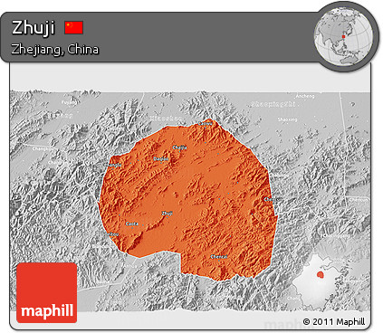 Political 3D Map of Zhuji, lighten, desaturated
