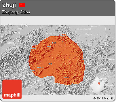 Political 3D Map of Zhuji, lighten, desaturated
