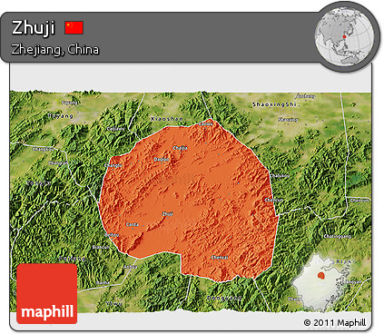 Political 3D Map of Zhuji, satellite outside