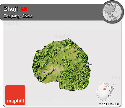 Satellite 3D Map of Zhuji, cropped outside