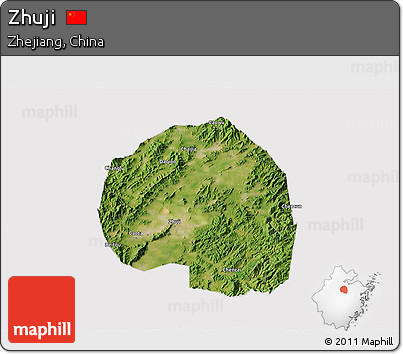 Satellite 3D Map of Zhuji, cropped outside