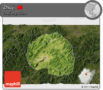 Satellite 3D Map of Zhuji, darken