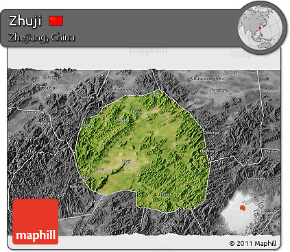 Satellite 3D Map of Zhuji, desaturated
