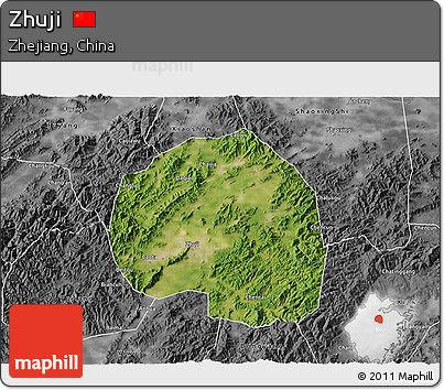 Satellite 3D Map of Zhuji, desaturated