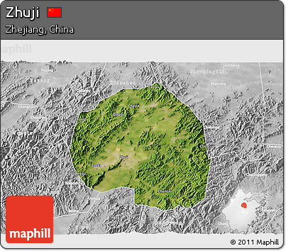 Satellite 3D Map of Zhuji, lighten, desaturated