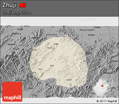 Shaded Relief 3D Map of Zhuji, darken, desaturated
