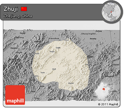 Shaded Relief 3D Map of Zhuji, darken, desaturated
