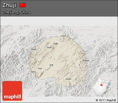 Shaded Relief 3D Map of Zhuji, lighten, semi-desaturated