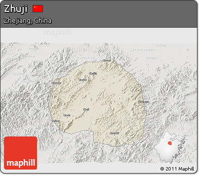Shaded Relief 3D Map of Zhuji, lighten, semi-desaturated
