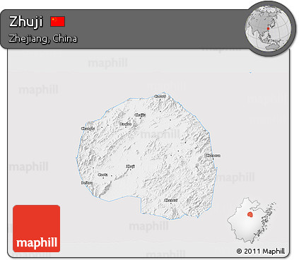 Silver Style 3D Map of Zhuji, single color outside