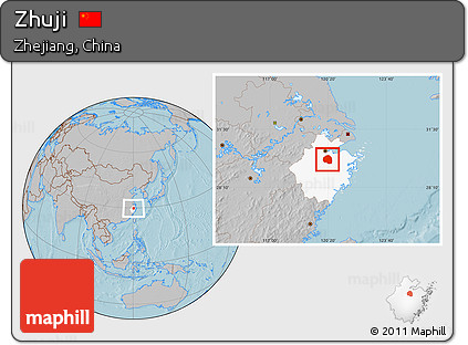 Gray Location Map of Zhuji, highlighted parent region, hill shading
