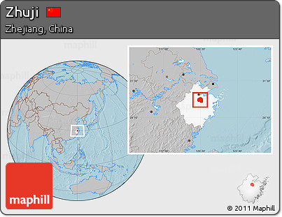 Gray Location Map of Zhuji, highlighted parent region, hill shading