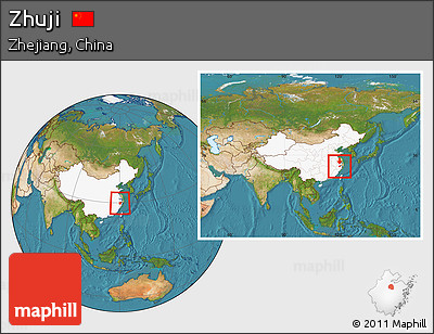 Satellite Location Map of Zhuji, highlighted country, within the entire country