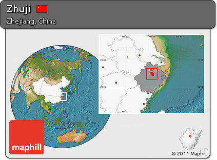 Satellite Location Map of Zhuji, highlighted country, highlighted parent region