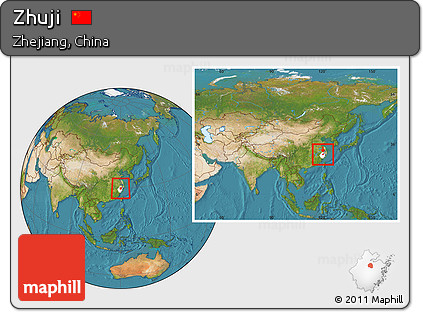 Satellite Location Map of Zhuji, highlighted parent region, within the entire country