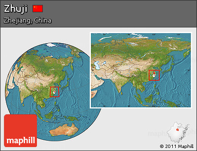 Satellite Location Map of Zhuji, highlighted parent region, within the entire country
